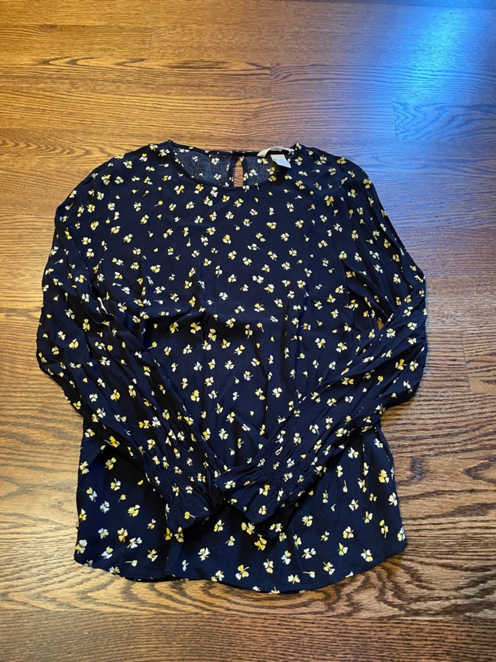 H&M Navy Long-Sleeve Floral Blouse with Yellow Print